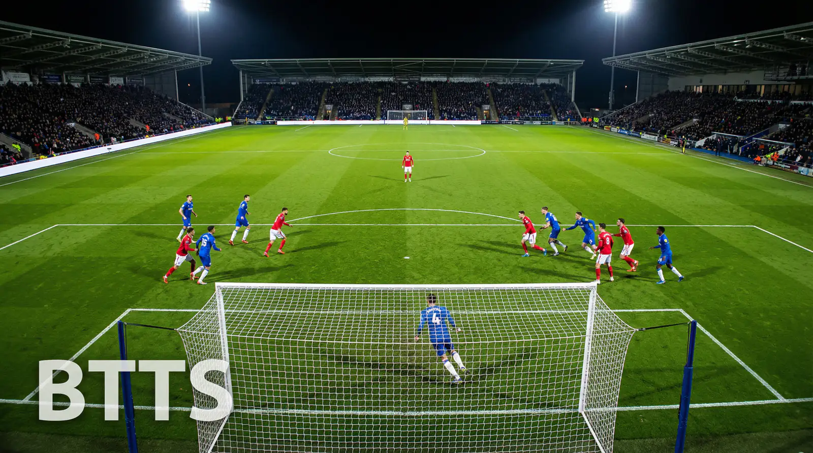 Dos porterías de fútbol enfrentadas en un estadio representando apuestas de ambos equipos marcan