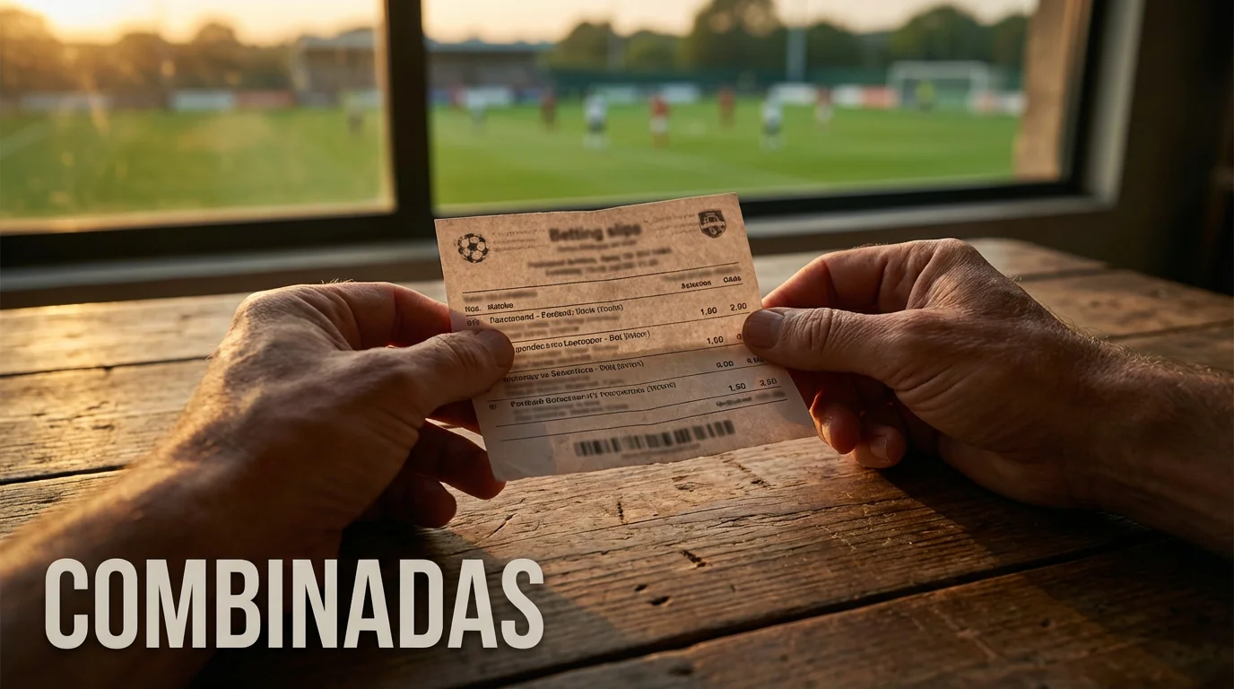 Boleto de apuestas combinadas de fútbol con varios partidos seleccionados sobre césped verde