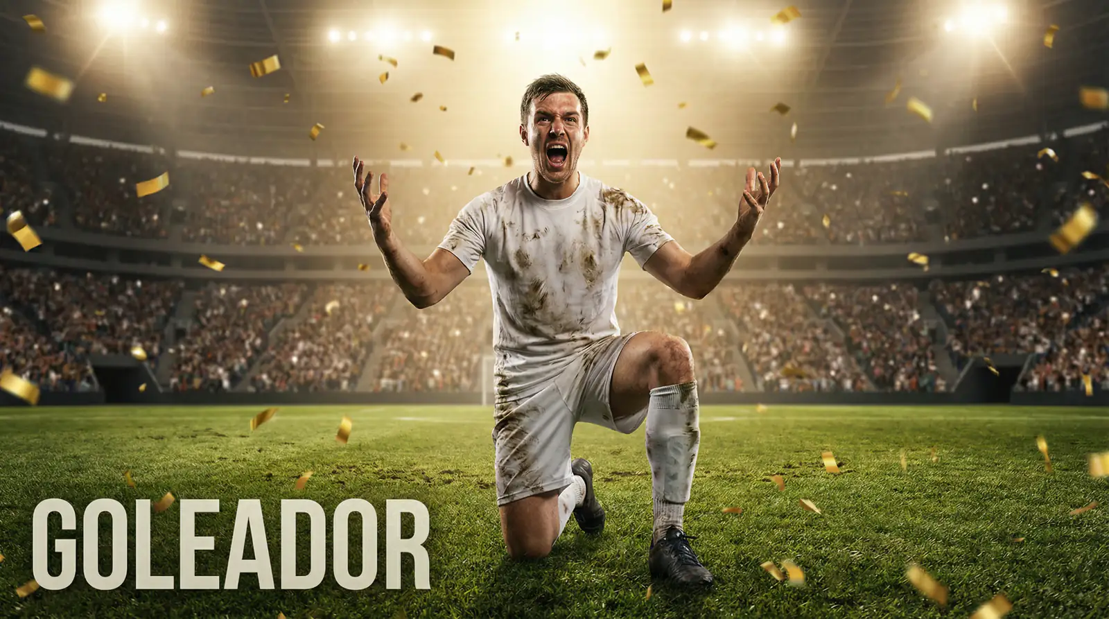 Delantero de fútbol celebrando un gol en un estadio con focos iluminando el campo