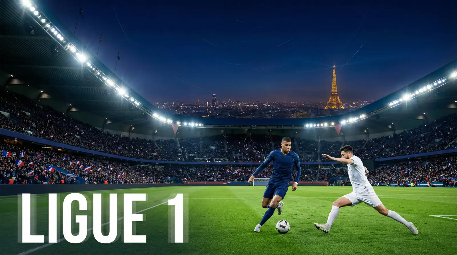 Estadio de fútbol francés iluminado durante un partido nocturno de Ligue 1 con césped verde brillante