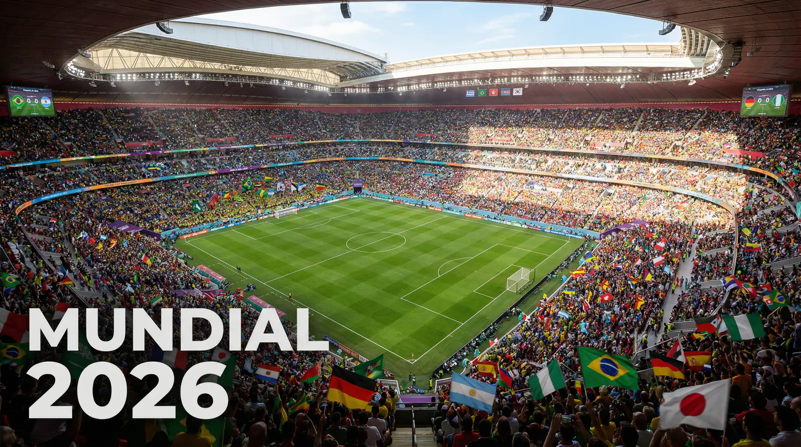 Estadio de fútbol moderno preparado para el Mundial 2026 con césped verde y gradas llenas de banderas