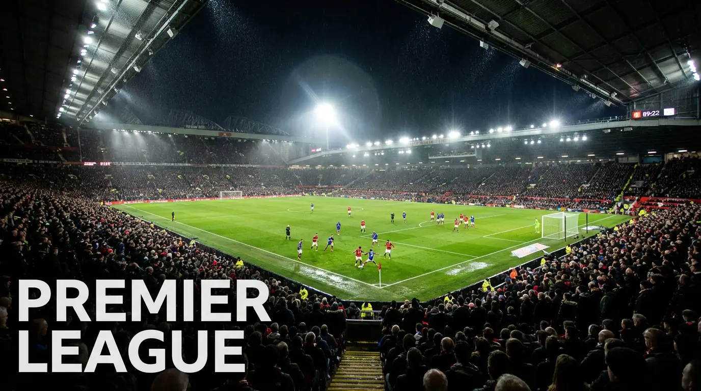 Estadio de fútbol inglés lleno de aficionados durante un partido de la Premier League bajo focos