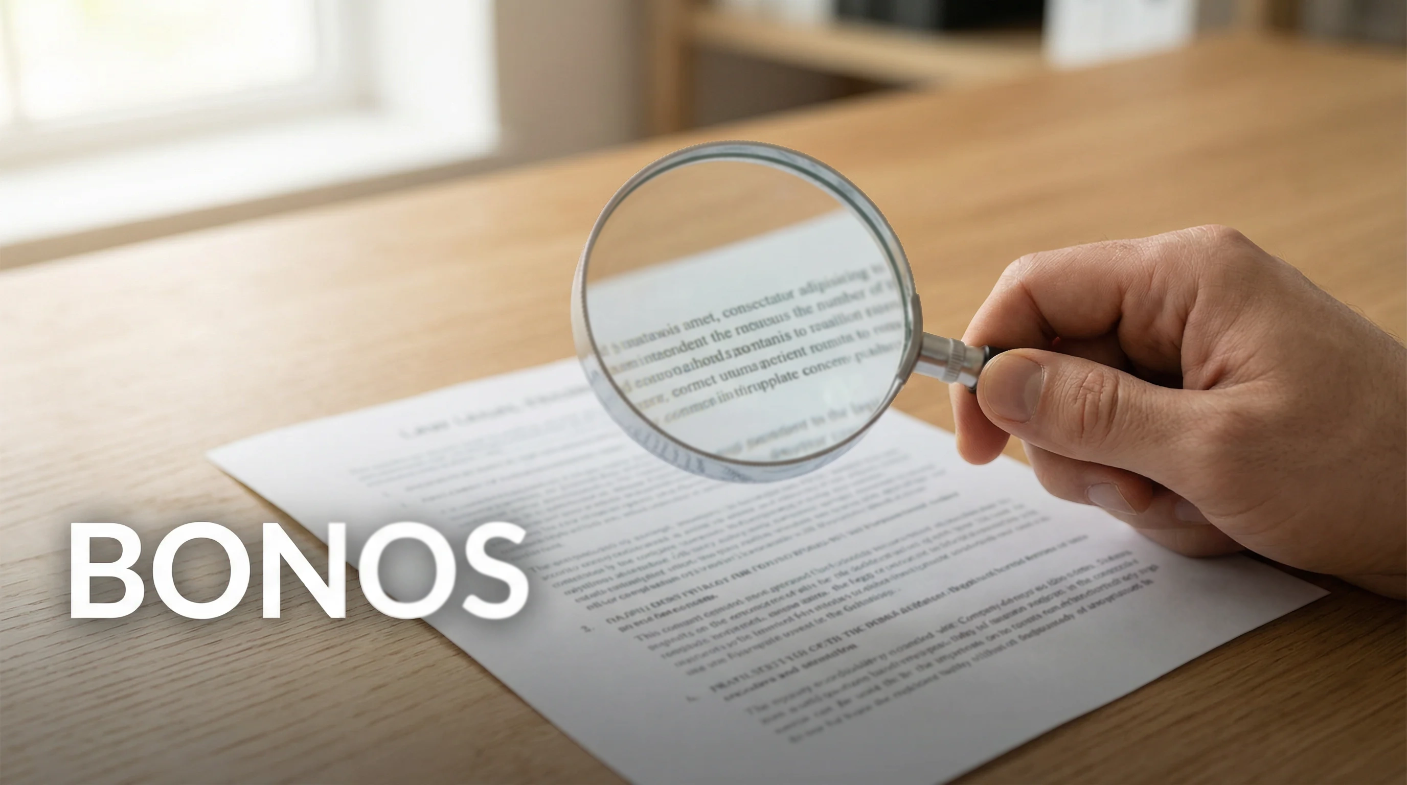 Documento con condiciones de un bono de apuestas deportivas y una lupa sobre la letra pequeña