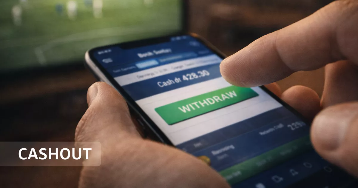 Mano sobre el botón de cashout en una pantalla de apuestas deportivas durante un partido de fútbol