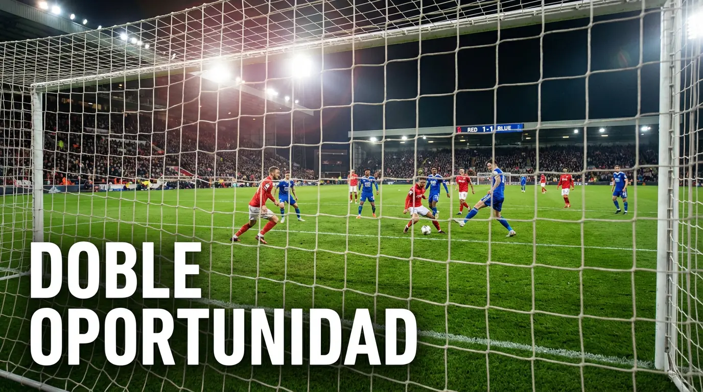 Partido de fútbol en un estadio con dos posibles resultados señalados para apuestas de doble oportunidad