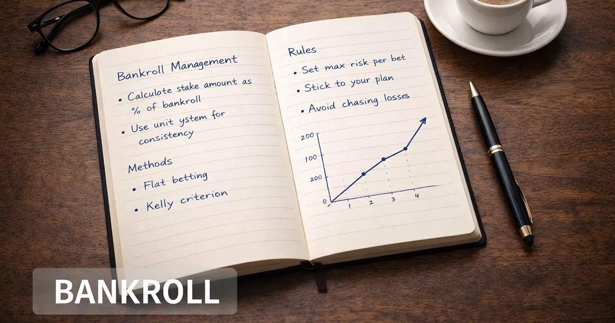 Cuaderno con registro de apuestas deportivas y gráfico de evolución del bankroll sobre una mesa