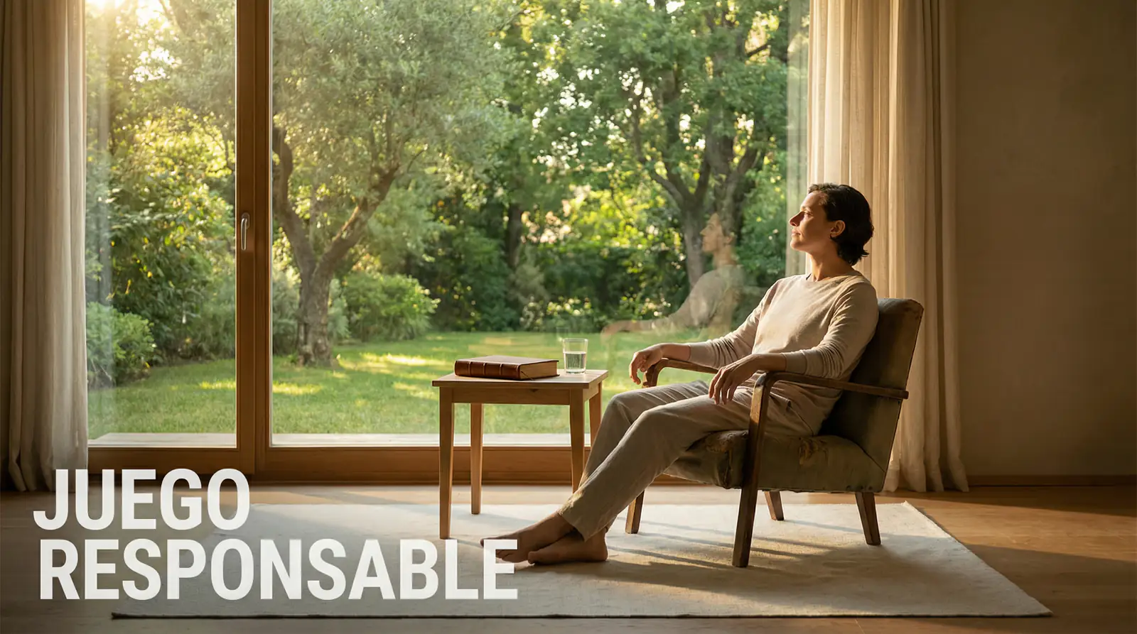 Persona reflexionando sobre apuestas responsables con un gesto sereno junto a una ventana iluminada