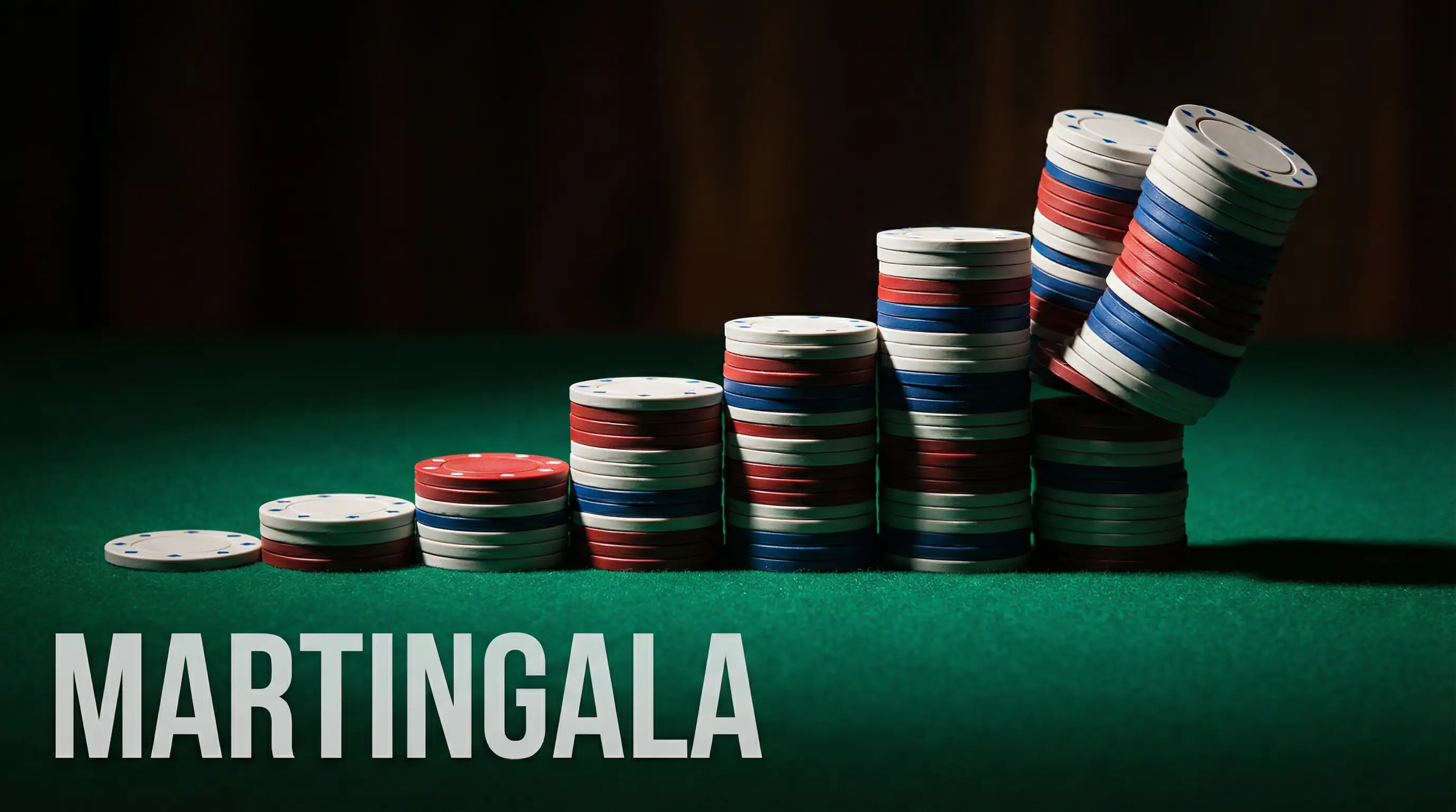 Escalera descendente de fichas representando las pérdidas progresivas del sistema Martingala en apuestas