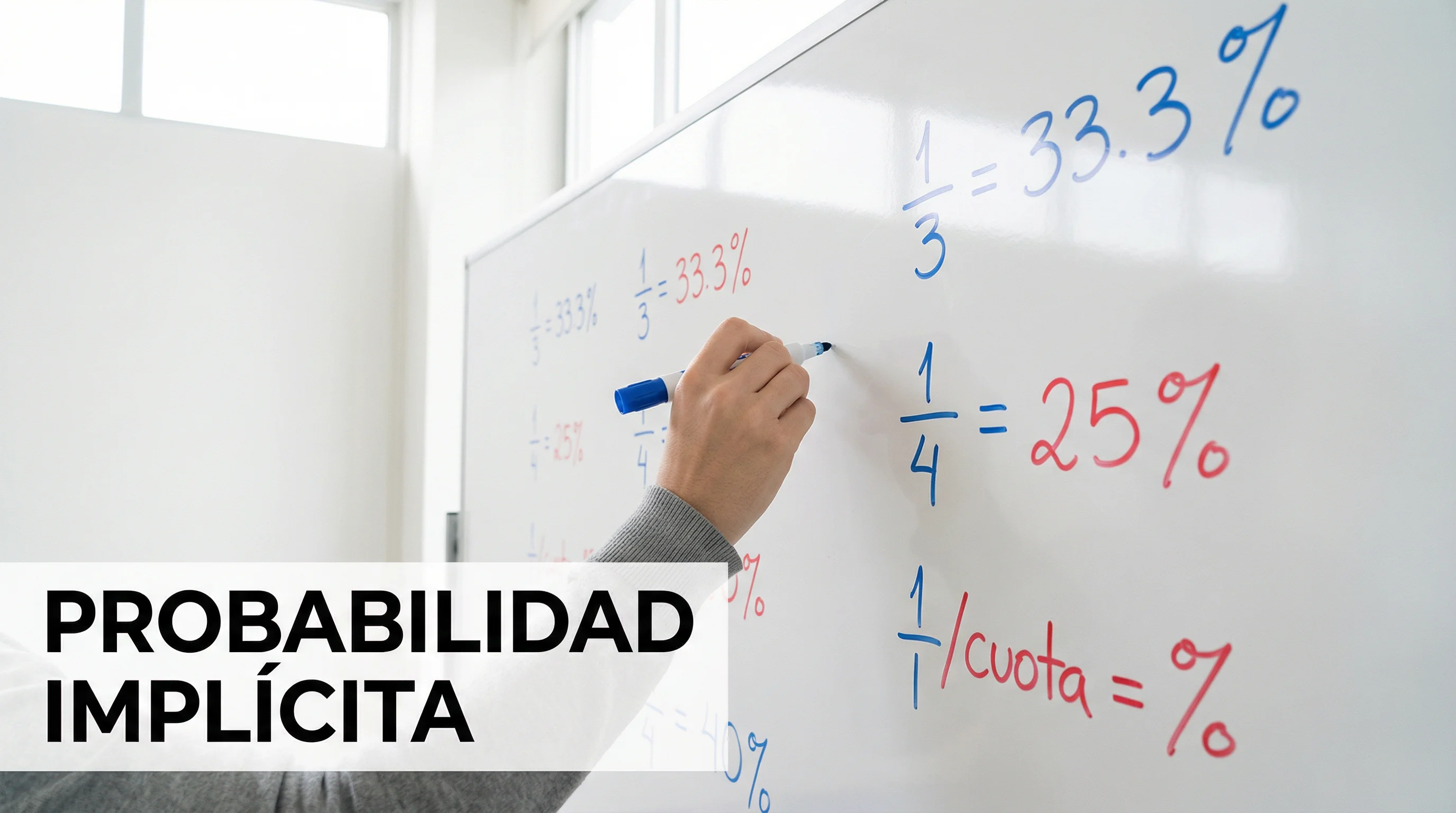Pizarra blanca con fórmula de probabilidad implícita y cuotas de apuestas deportivas escritas a mano