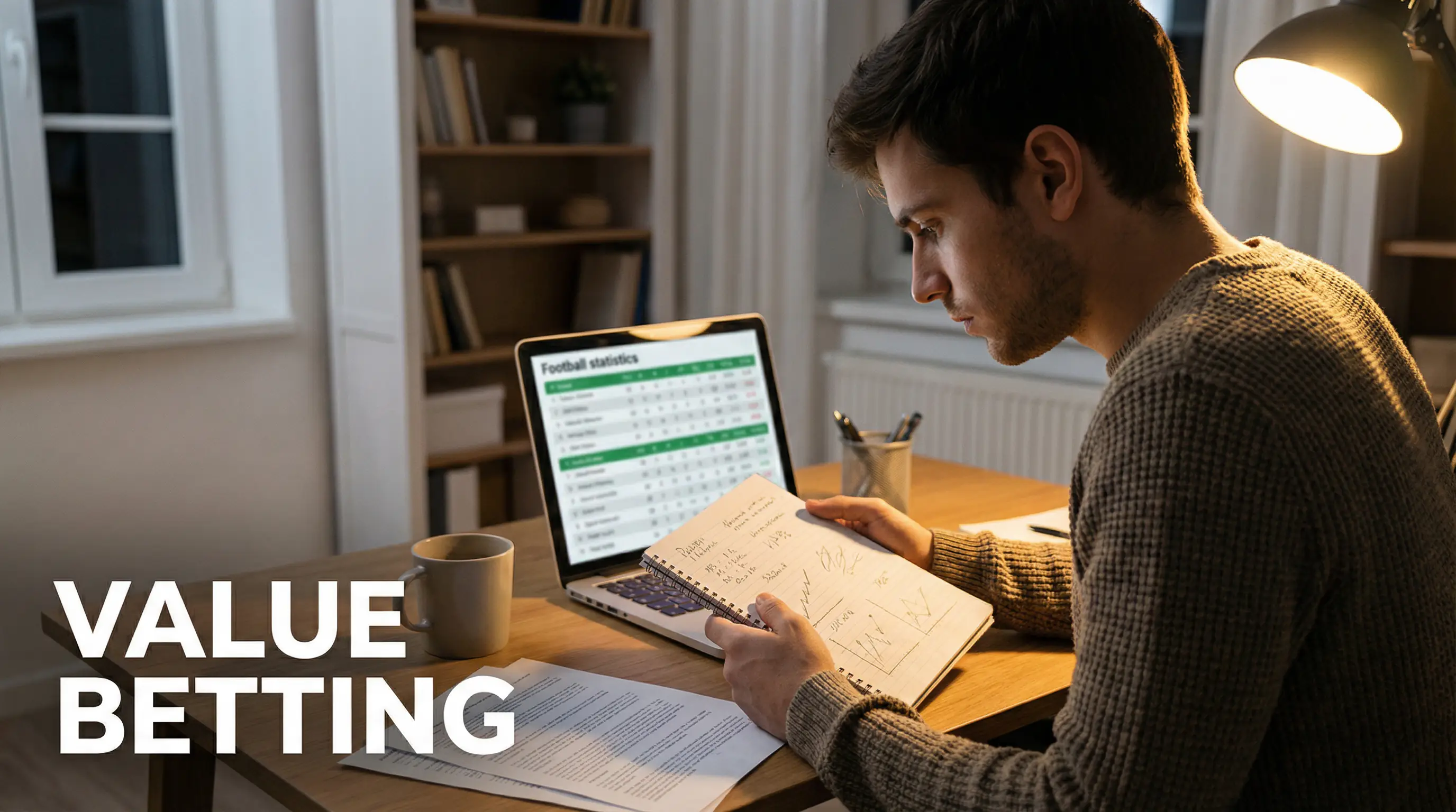 Analista deportivo revisando datos estadísticos de fútbol en un portátil para encontrar apuestas de valor